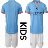 2022-2023 Manchester City club skyblue white kid soccer jerseys home